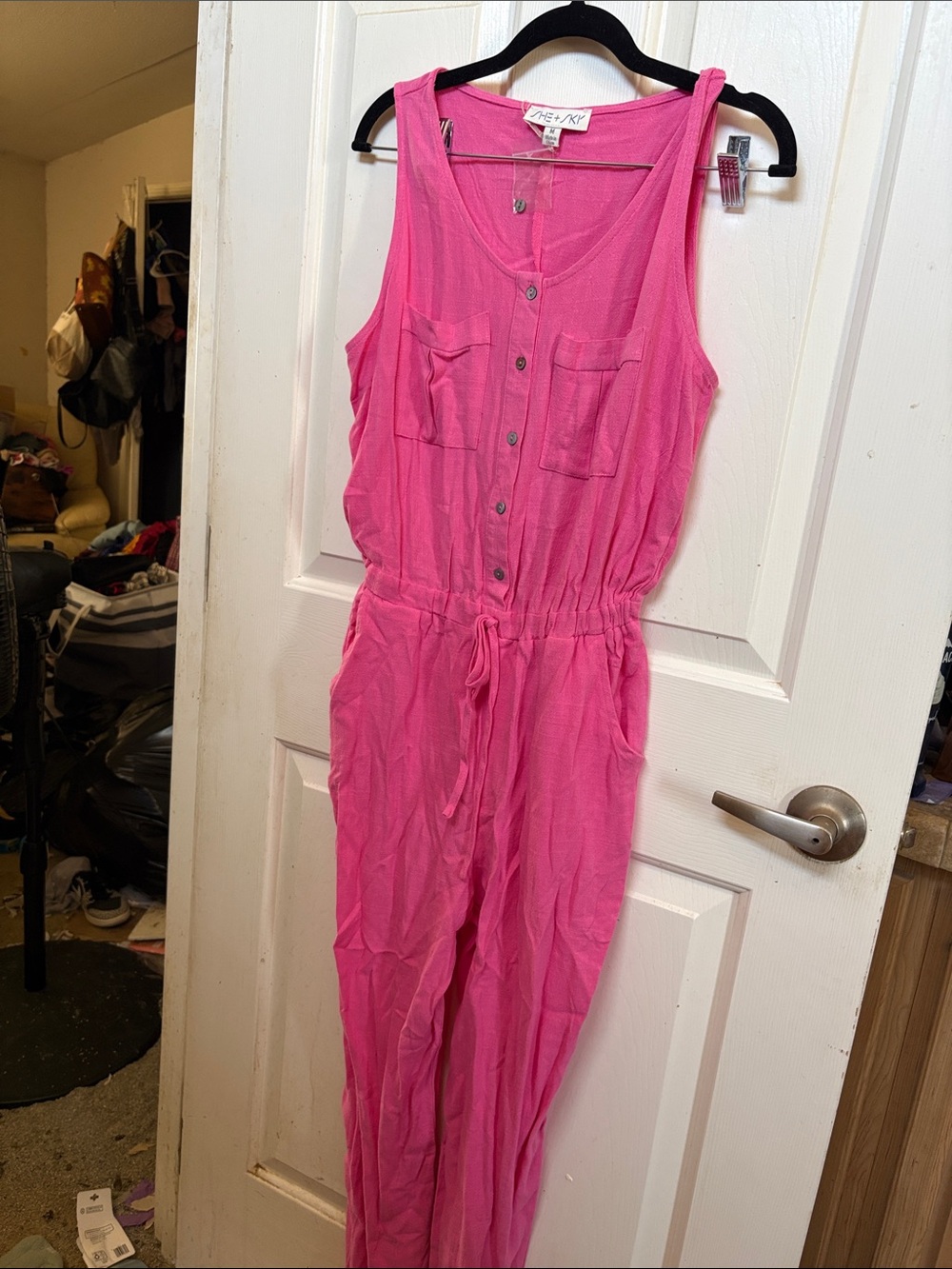 She and Sky Bright Pink Sleeveless Button-Front Jumpsuit